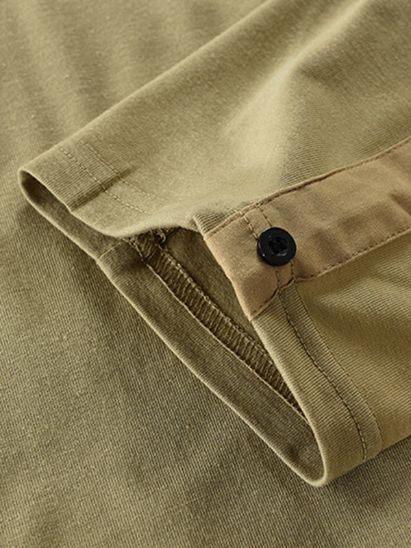 T-Shirts- Cotton Blend Men's Henley Neck Long Sleeve Tee with Buttons- - Pekosa Women Clothing