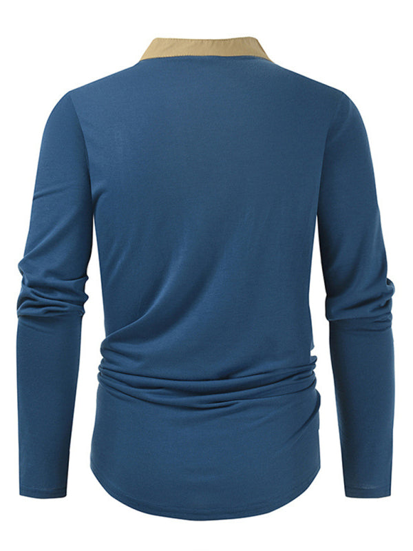 T-Shirts- Cotton Blend Men's Henley Neck Long Sleeve Tee with Buttons- - Pekosa Women Clothing