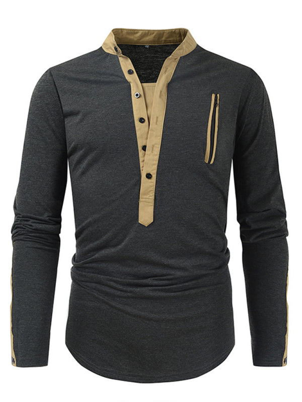 T-Shirts- Cotton Blend Men's Henley Neck Long Sleeve Tee with Buttons- Black- Pekosa Women Clothing