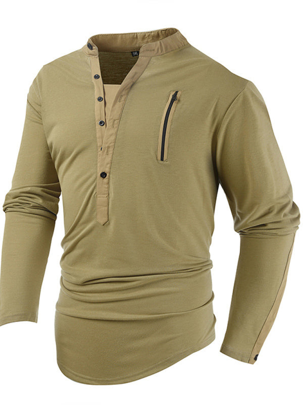 T-Shirts- Cotton Blend Men's Henley Neck Long Sleeve Tee with Buttons- - Pekosa Women Clothing