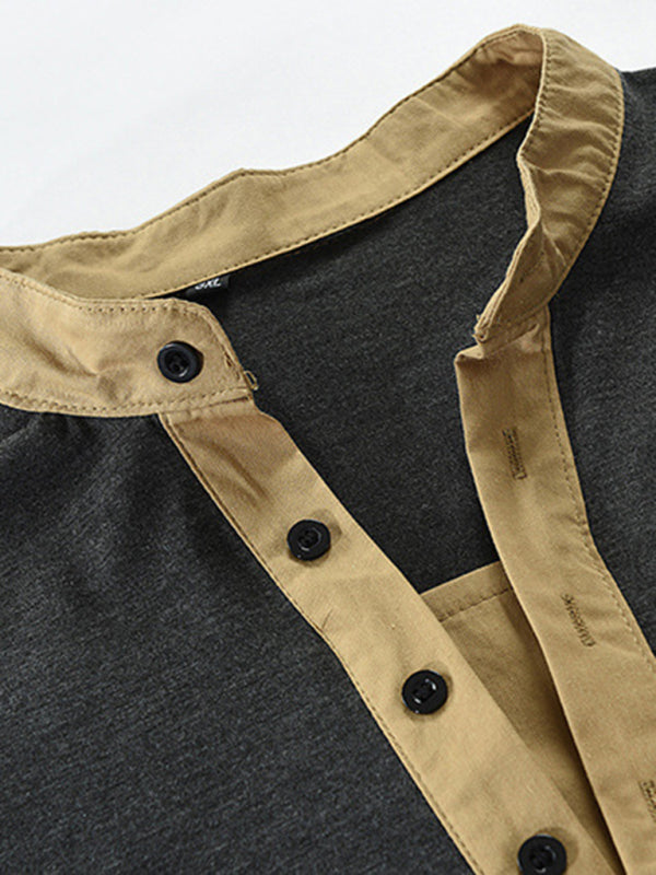 T-Shirts- Cotton Blend Men's Henley Neck Long Sleeve Tee with Buttons- - Pekosa Women Clothing