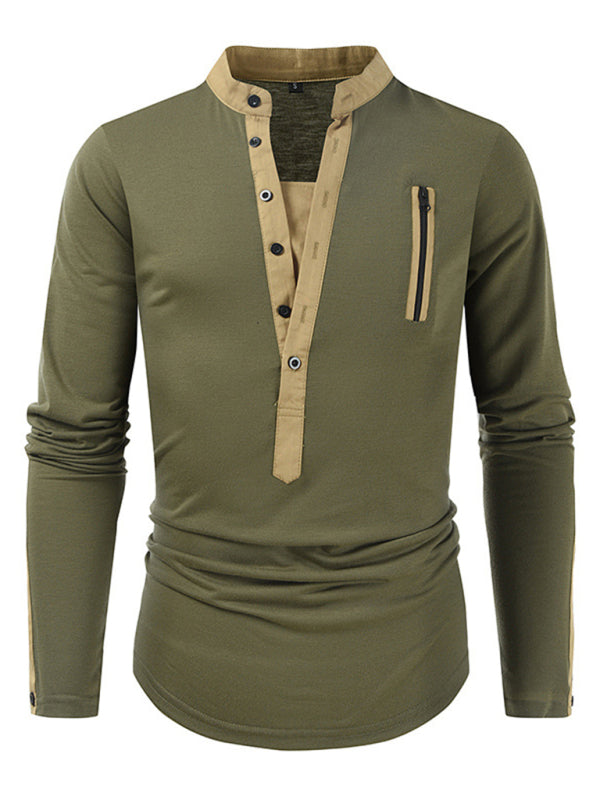 T-Shirts- Cotton Blend Men's Henley Neck Long Sleeve Tee with Buttons- Olive green- Pekosa Women Clothing