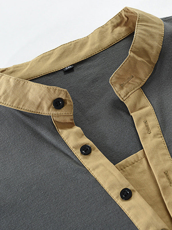 T-Shirts- Cotton Blend Men's Henley Neck Long Sleeve Tee with Buttons- - Pekosa Women Clothing