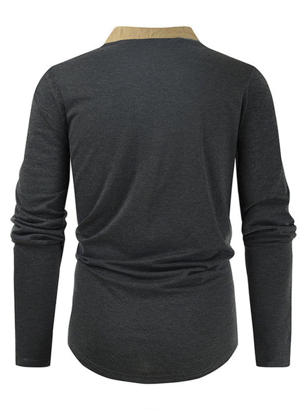 T-Shirts- Cotton Blend Men's Henley Neck Long Sleeve Tee with Buttons- - Pekosa Women Clothing