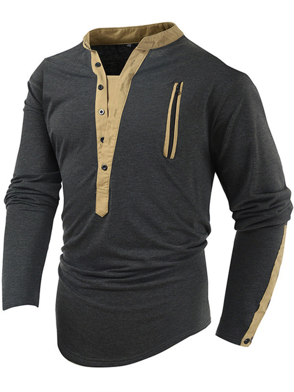 T-Shirts- Cotton Blend Men's Henley Neck Long Sleeve Tee with Buttons- - Pekosa Women Clothing