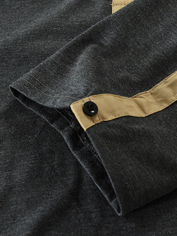 T-Shirts- Cotton Blend Men's Henley Neck Long Sleeve Tee with Buttons- - Pekosa Women Clothing