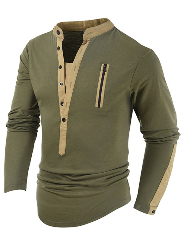 T-Shirts- Cotton Blend Men's Henley Neck Long Sleeve Tee with Buttons- - Pekosa Women Clothing