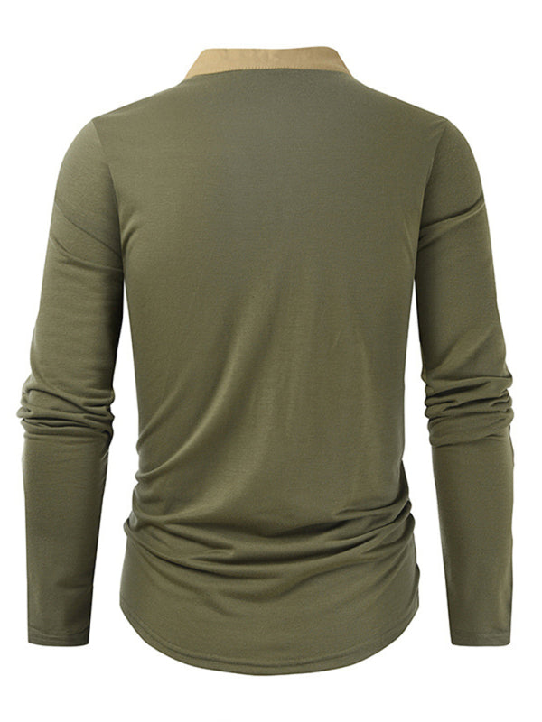 T-Shirts- Cotton Blend Men's Henley Neck Long Sleeve Tee with Buttons- - Pekosa Women Clothing