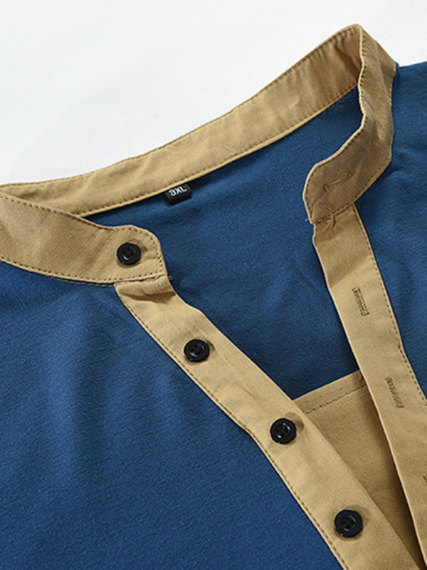 T-Shirts- Cotton Blend Men's Henley Neck Long Sleeve Tee with Buttons- - Pekosa Women Clothing