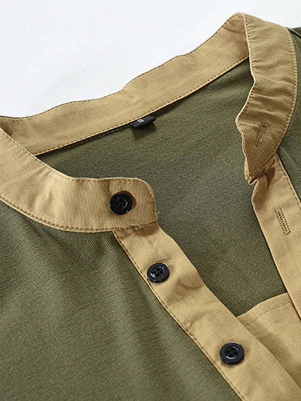 T-Shirts- Cotton Blend Men's Henley Neck Long Sleeve Tee with Buttons- - Pekosa Women Clothing