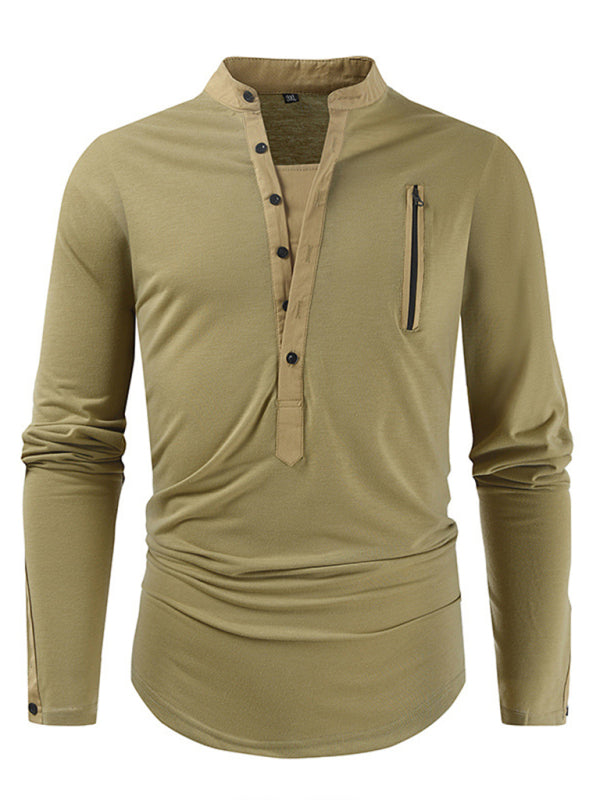 T-Shirts- Cotton Blend Men's Henley Neck Long Sleeve Tee with Buttons- Khaki- Pekosa Women Clothing