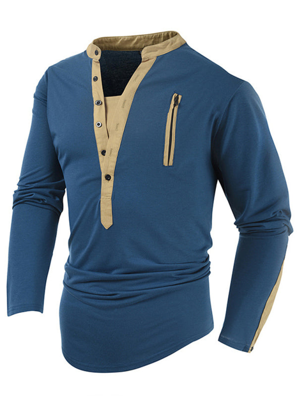 T-Shirts- Cotton Blend Men's Henley Neck Long Sleeve Tee with Buttons- - Pekosa Women Clothing