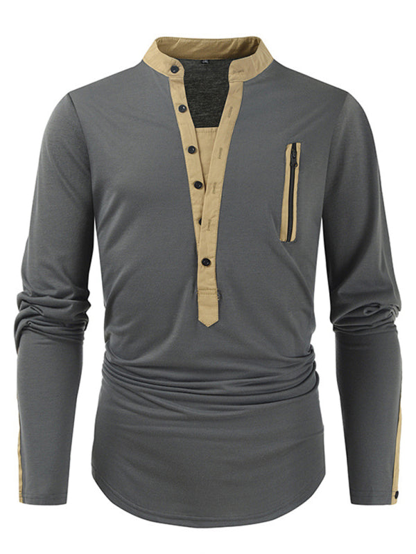 T-Shirts- Cotton Blend Men's Henley Neck Long Sleeve Tee with Buttons- Grey- Pekosa Women Clothing