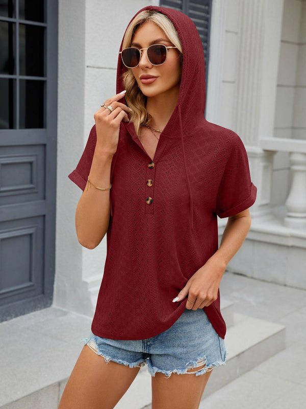 T-Shirts- Half-Buttoned Hooded T-Shirt | Short-Sleeved Textured Top- - Pekosa Women Clothing