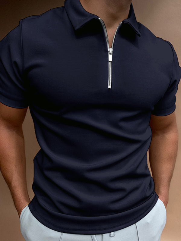 T-Shirts- Men's Solid Half Zip-Up Polo Short Sleeve T-shirt- Champlain color- Pekosa Women Clothing