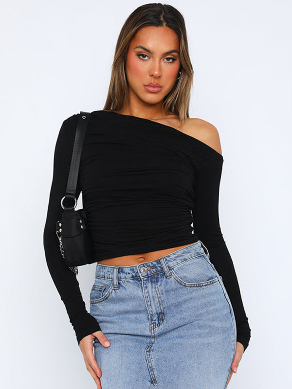 T-Shirts- One Shoulder Long Sleeve Crop Top for Casual Wear- Black- Pekosa Women Clothing