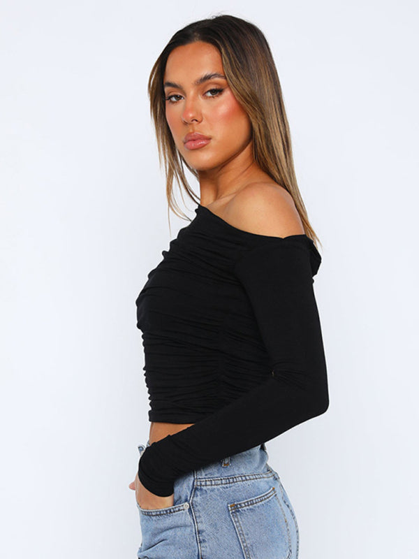 T-Shirts- One Shoulder Long Sleeve Crop Top for Casual Wear- - Pekosa Women Clothing