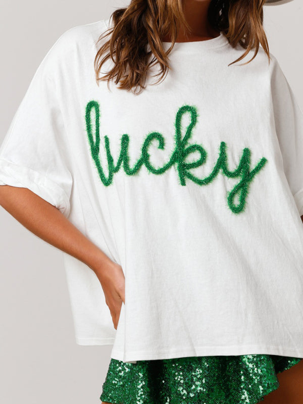 T-Shirts- Sparkle-Patched Lucky Oversized T-Shirt for Saint Patrick's Day- - Pekosa Women Clothing