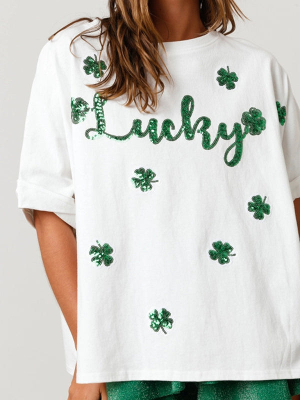 T-Shirts- Sparkle Saint Patrick's Oversized T-Shirt with Lucky Four-Leaf Clover- - Pekosa Women Clothing