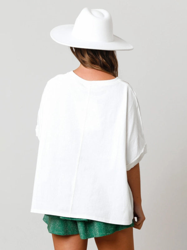 T-Shirts- Sparkle Saint Patrick's Oversized T-Shirt with Lucky Four-Leaf Clover- - Pekosa Women Clothing