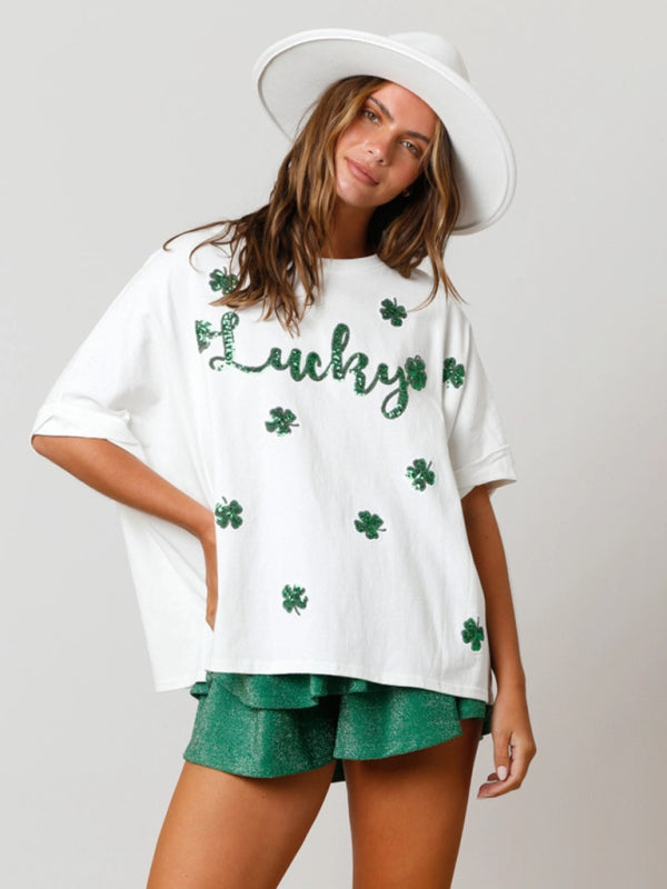 T-Shirts- Sparkle Saint Patrick's Oversized T-Shirt with Lucky Four-Leaf Clover- - Pekosa Women Clothing