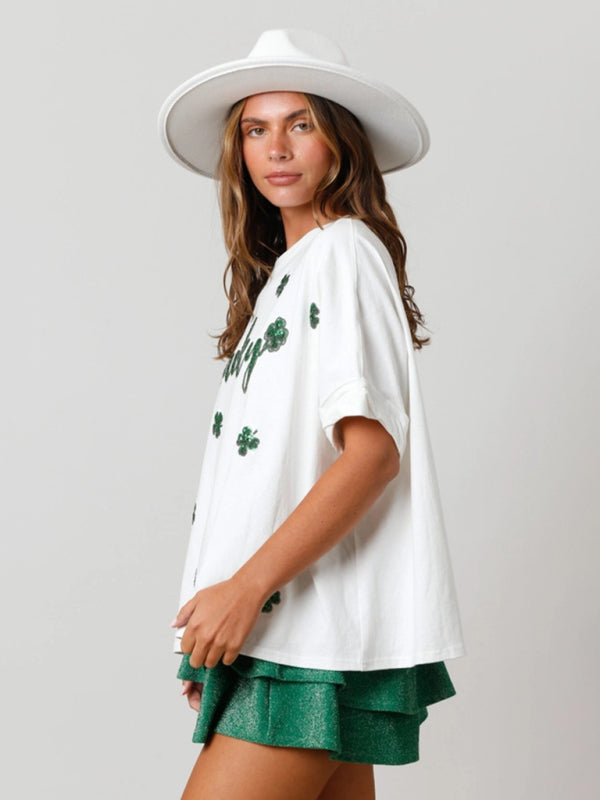 T-Shirts- Sparkle Saint Patrick's Oversized T-Shirt with Lucky Four-Leaf Clover- - Pekosa Women Clothing
