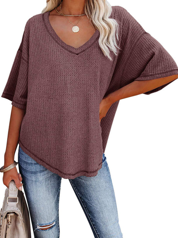 T-Shirts- Women's Waffle Knitted T-shirt - Short Sleeve V-neck Cotton Top- - Pekosa Women Clothing