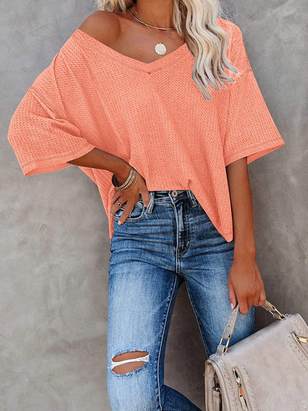 T-Shirts- Women's Waffle Knitted T-shirt - Short Sleeve V-neck Cotton Top- Orange- Pekosa Women Clothing