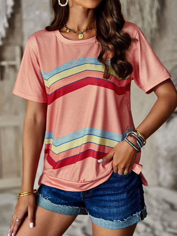 T-shirts- Rainbow Stripe Print Short Sleeve T-Shirt- Pink- Pekosa Women Clothing