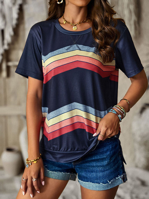 T-shirts- Rainbow Stripe Print Short Sleeve T-Shirt- Champlain color- Pekosa Women Clothing