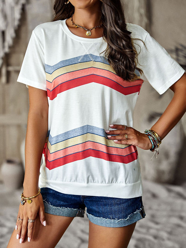 T-shirts- Rainbow Stripe Print Short Sleeve T-Shirt- - Pekosa Women Clothing