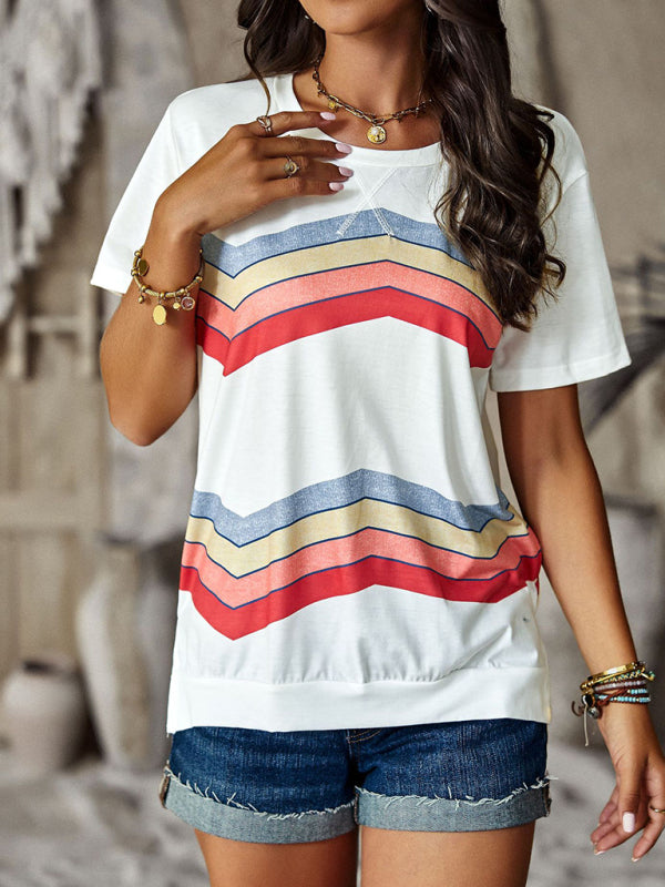 T-shirts- Rainbow Stripe Print Short Sleeve T-Shirt- - Pekosa Women Clothing