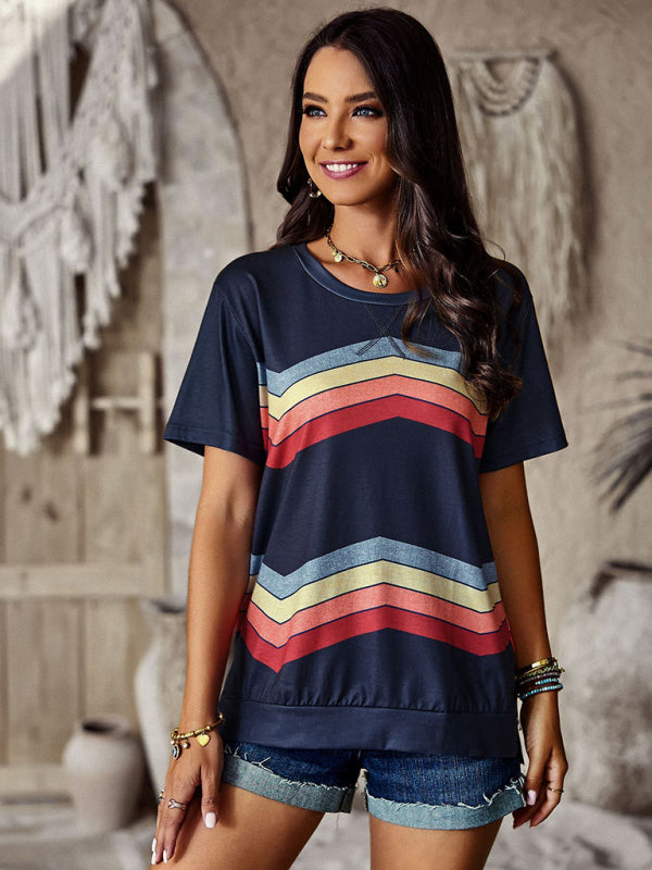 T-shirts- Rainbow Stripe Print Short Sleeve T-Shirt- - Pekosa Women Clothing