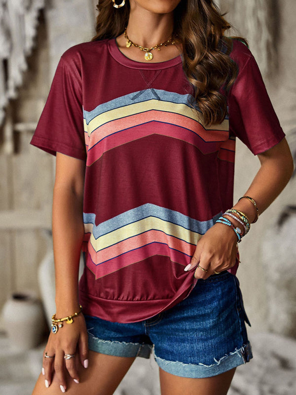 T-shirts- Rainbow Stripe Print Short Sleeve T-Shirt- - Pekosa Women Clothing