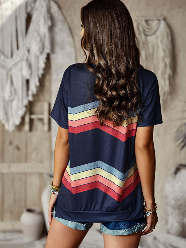 T-shirts- Rainbow Stripe Print Short Sleeve T-Shirt- - Pekosa Women Clothing