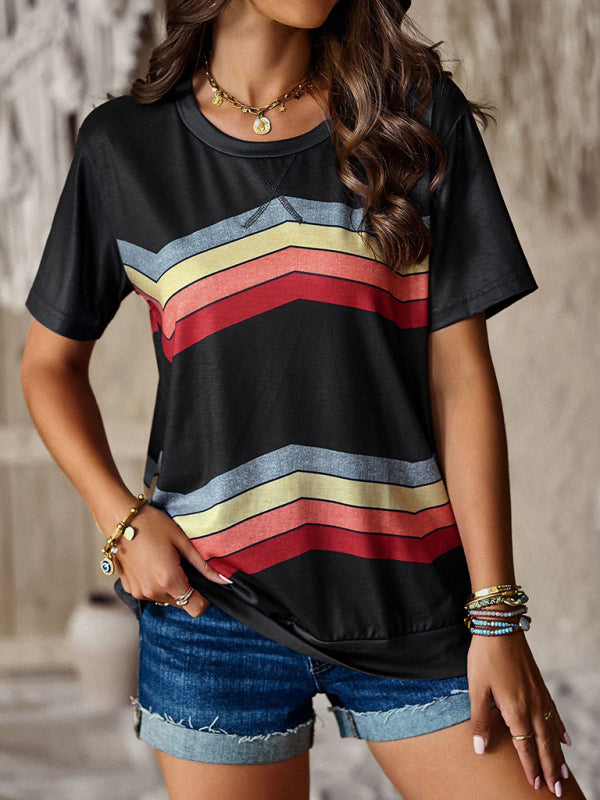 T-shirts- Rainbow Stripe Print Short Sleeve T-Shirt- Black- Pekosa Women Clothing