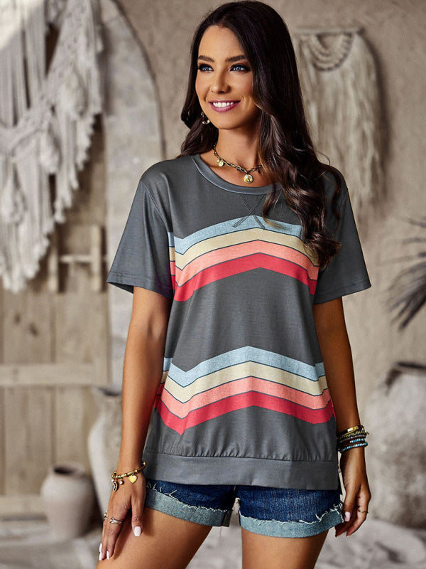 T-shirts- Rainbow Stripe Print Short Sleeve T-Shirt- - Pekosa Women Clothing