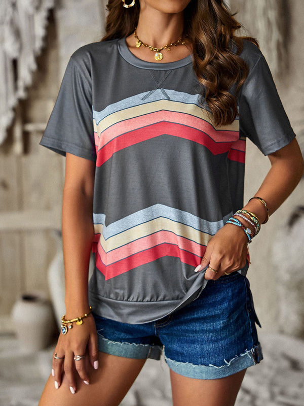 T-shirts- Rainbow Stripe Print Short Sleeve T-Shirt- - Pekosa Women Clothing