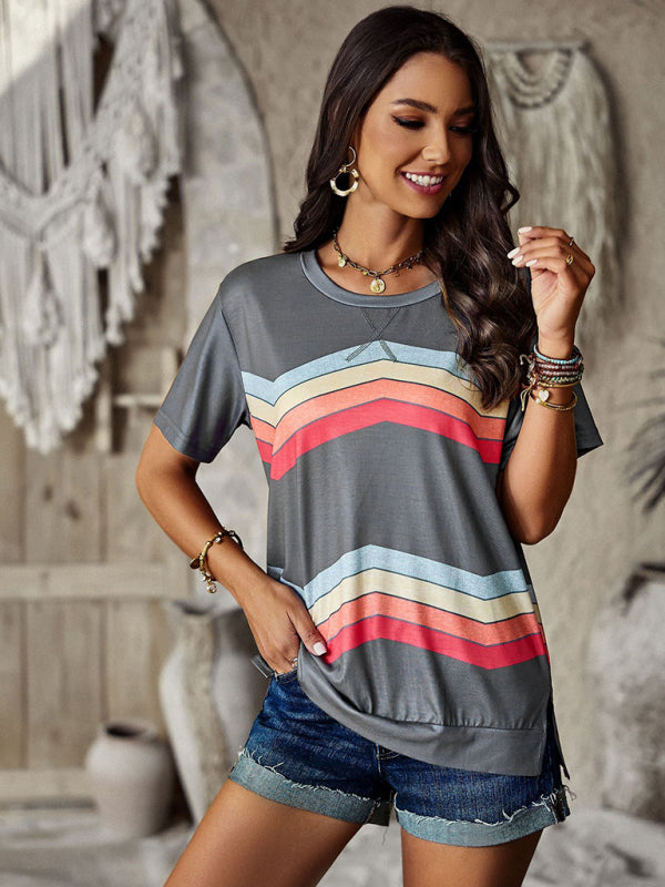 T-shirts- Rainbow Stripe Print Short Sleeve T-Shirt- - Pekosa Women Clothing