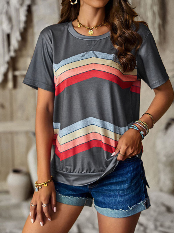 T-shirts- Rainbow Stripe Print Short Sleeve T-Shirt- - Pekosa Women Clothing