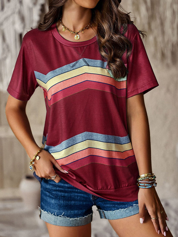 T-shirts- Rainbow Stripe Print Short Sleeve T-Shirt- - Pekosa Women Clothing