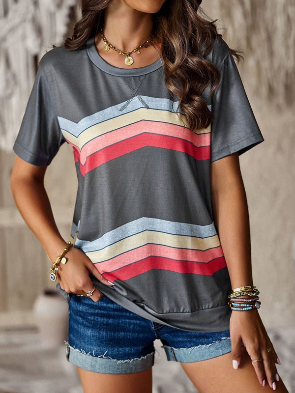 T-shirts- Rainbow Stripe Print Short Sleeve T-Shirt- - Pekosa Women Clothing