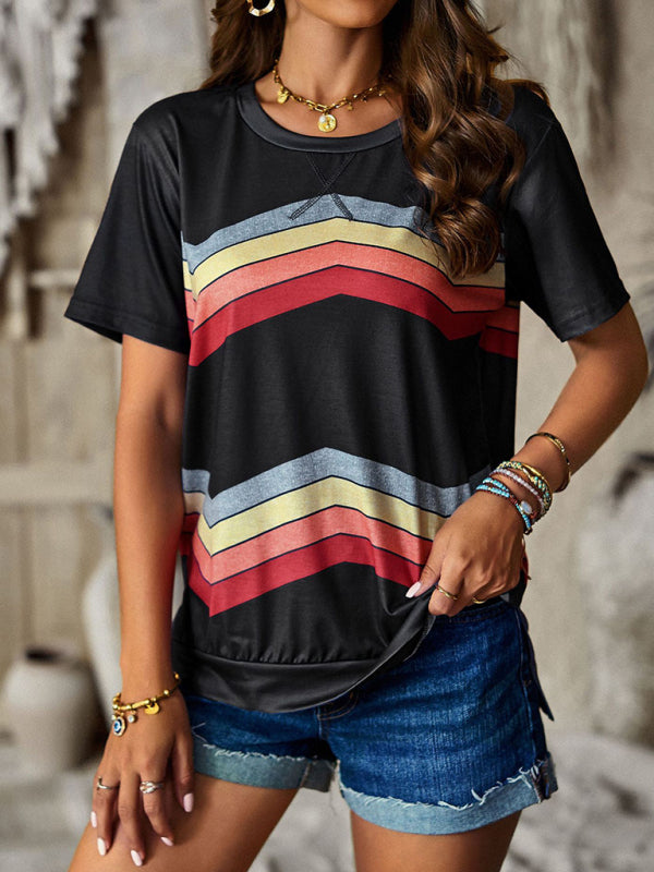 T-shirts- Rainbow Stripe Print Short Sleeve T-Shirt- - Pekosa Women Clothing