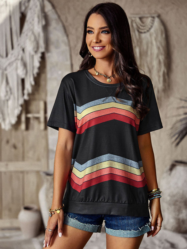T-shirts- Rainbow Stripe Print Short Sleeve T-Shirt- - Pekosa Women Clothing