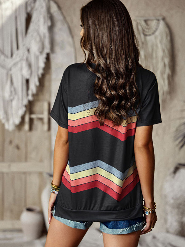 T-shirts- Rainbow Stripe Print Short Sleeve T-Shirt- - Pekosa Women Clothing