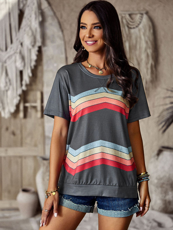 T-shirts- Rainbow Stripe Print Short Sleeve T-Shirt- - Pekosa Women Clothing