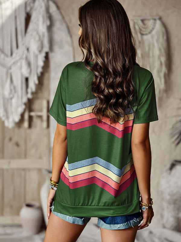 T-shirts- Rainbow Stripe Print Short Sleeve T-Shirt- - Pekosa Women Clothing