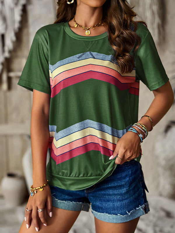 T-shirts- Rainbow Stripe Print Short Sleeve T-Shirt- - Pekosa Women Clothing