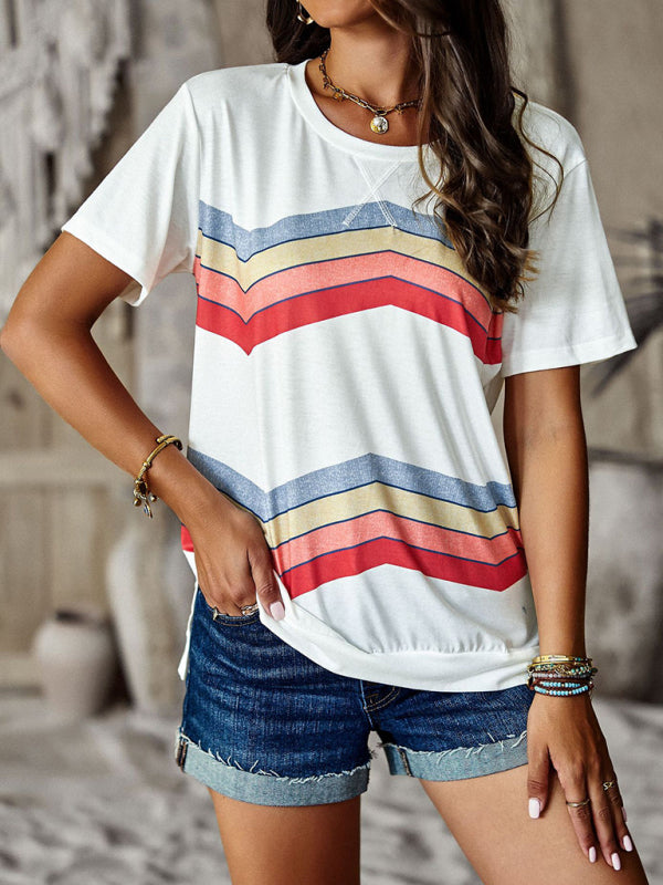 T-shirts- Rainbow Stripe Print Short Sleeve T-Shirt- - Pekosa Women Clothing