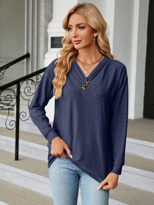 T-shirts- Textured V Neck Long Sleeve Tee with Buttons AppliquƩ- - Pekosa Women Clothing